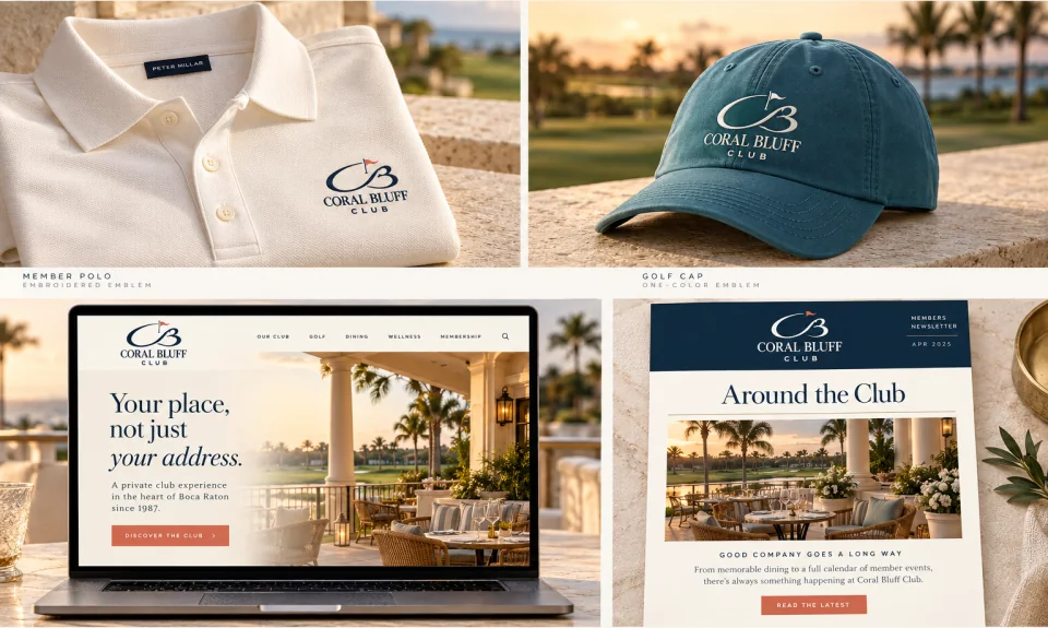Coral Bluff Club polo, cap, website and newsletter.