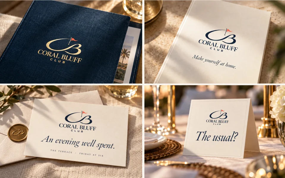 Coral Bluff Club printed pieces and place cards.