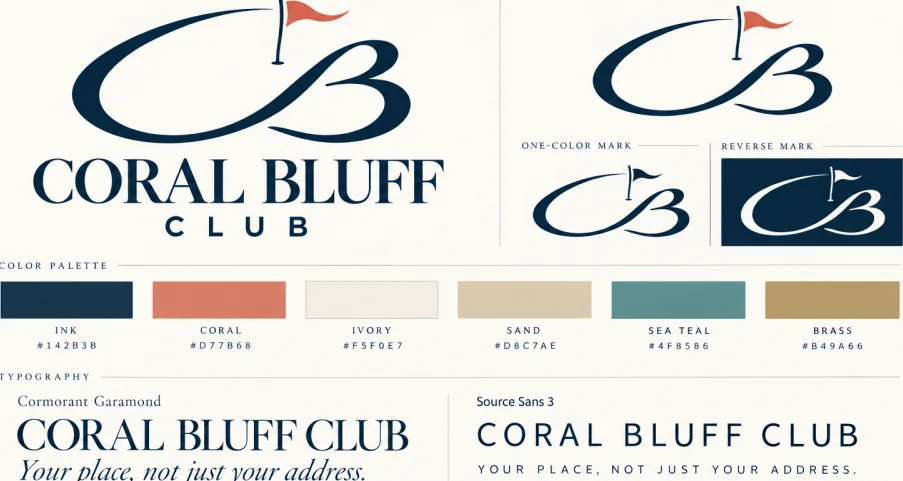 Coral Bluff Club identity sheet with marks, palette and type.